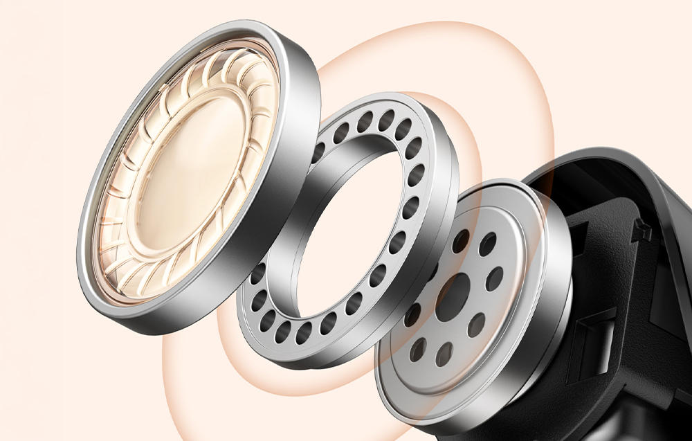 Przekrój techniczny wnętrza słuchawki dousznej pokazujący membranę i komponenty głośnika.