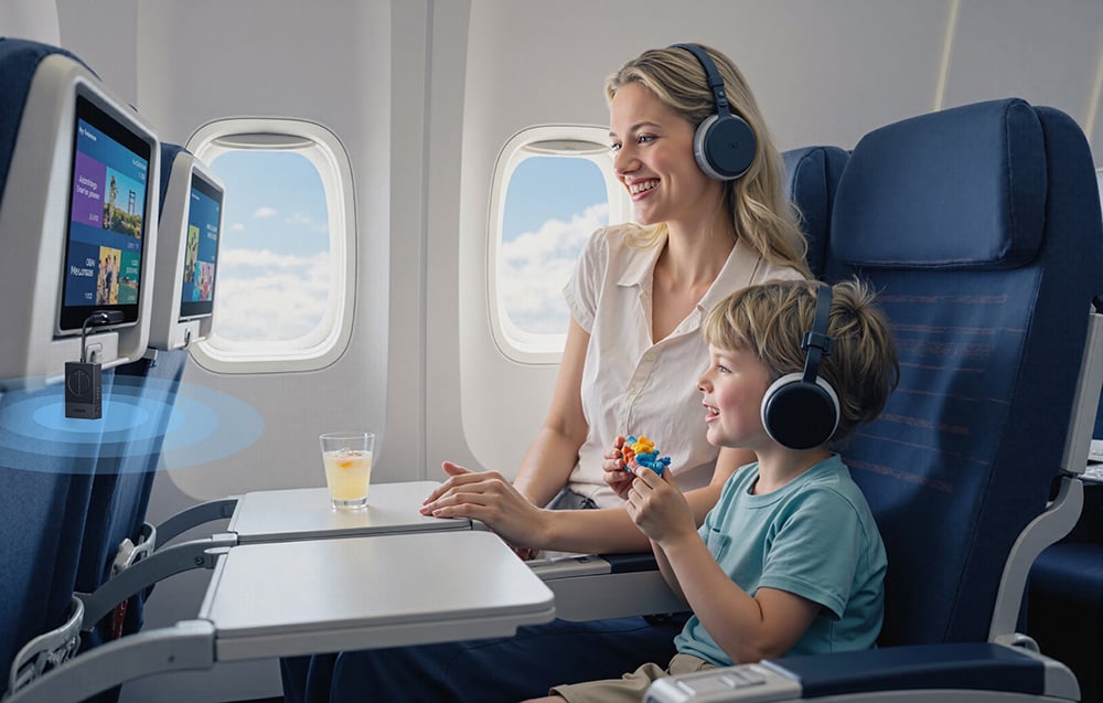 Kobieta i dziecko siedzą w samolocie przy oknie, oboje mają słuchawki na uszach i patrzą na ekrany przed nimi, dziecko trzyma zabawkę