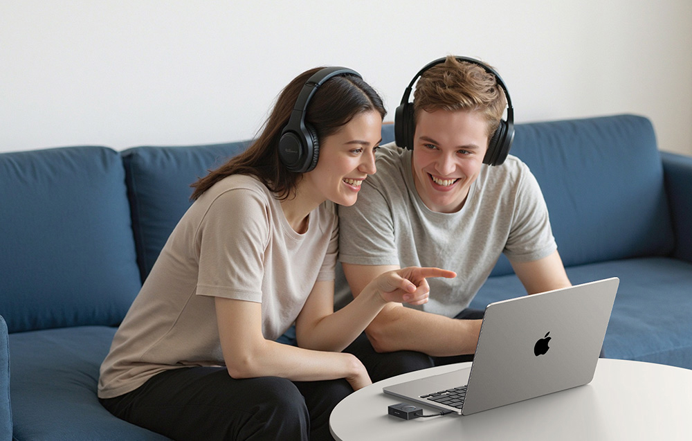 Młoda para siedzi na kanapie w salonie, oboje w słuchawkach, patrzą na ekran laptopa Apple i uśmiechają się