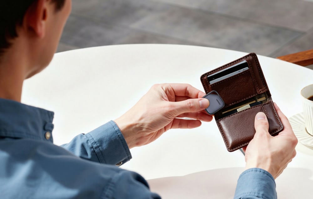 Osoba wkłada lokalizator UGREEN do kieszeni skórzanego portfela trzymanego nad stołem.