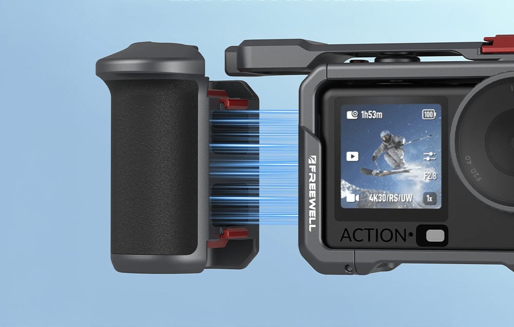 Close-up of the magnetic side handle mounting system to the camera cage of the DJI Osmo Action