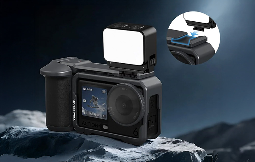 DJI Osmo Action in the complete Freewell set with an additional LED light module mounted on top