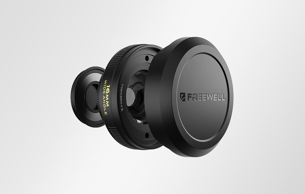 Black Freewell 16mm wide angle lens shown in profile on a light background