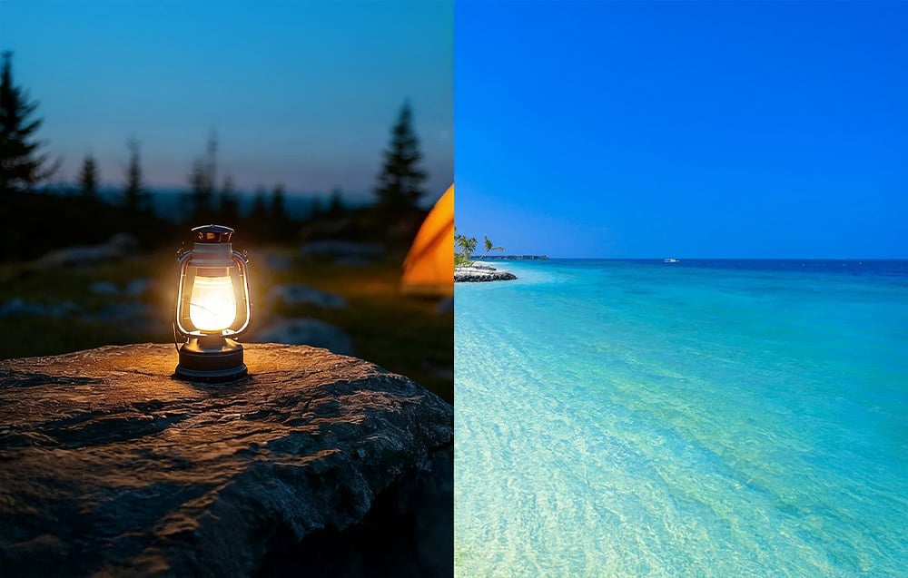 Comparison of two landscape photos showcasing the effect of warm lantern light at dusk and crystal clear seawater in full sunlight