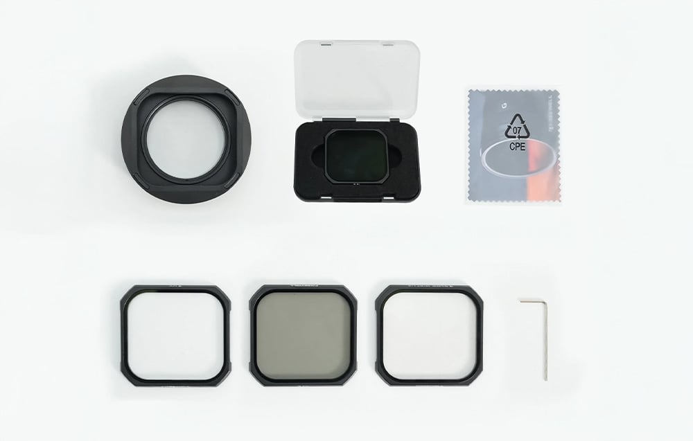 Freewell accessory kit including a magnetic adapter, photo filters in a case, a microfiber cloth, and an Allen key