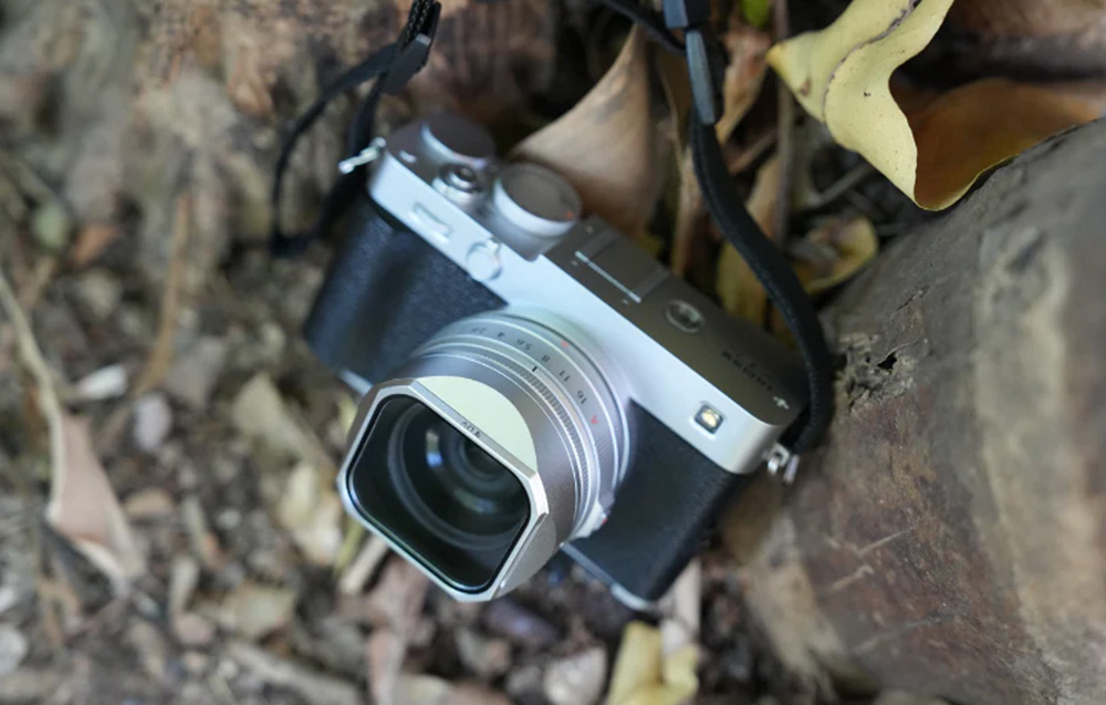 Fujifilm camera with Freewell accessories lying on forest floor next to a tree trunk
