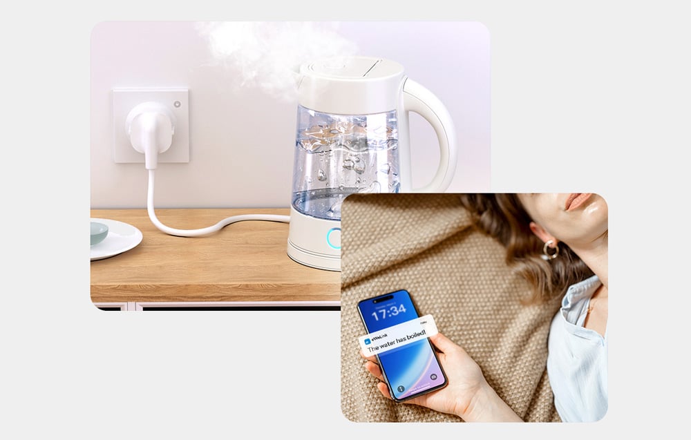 Czajnik elektryczny podłączony do gniazdka Sonoff i smartfon z powiadomieniem o zagotowaniu wody