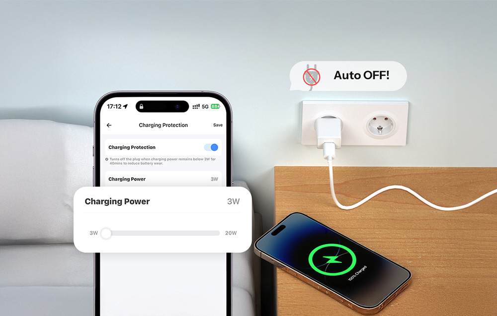 Smartfon z aplikacją eWeLink sterującą funkcją ochrony ładowania i automatycznym wyłączaniem gniazdka
