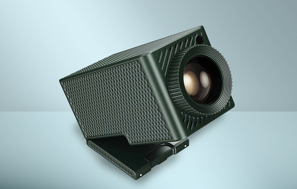 Blitzwolf BW-Vision A1 Projektor mit verstellbarem Sockel auf grauem Hintergrund