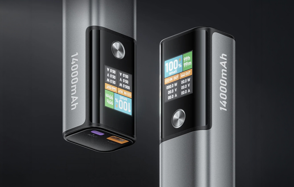 2 powerbank-uri Blitzwolf cu ecrane pe un fundal negru