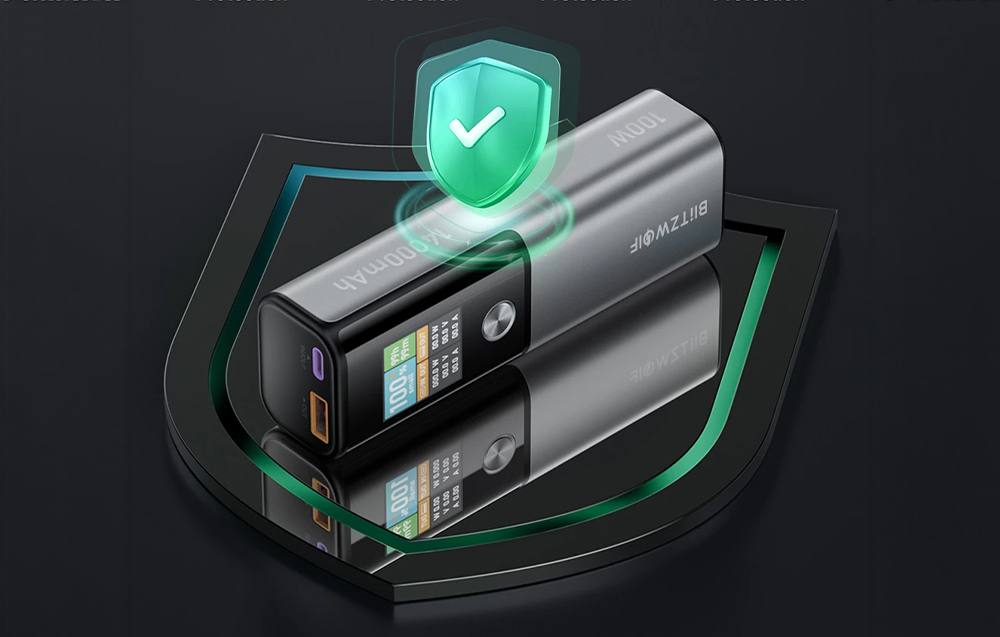 2 powerbank-uri Blitzwolf pe un fundal verde simbolizând securitatea