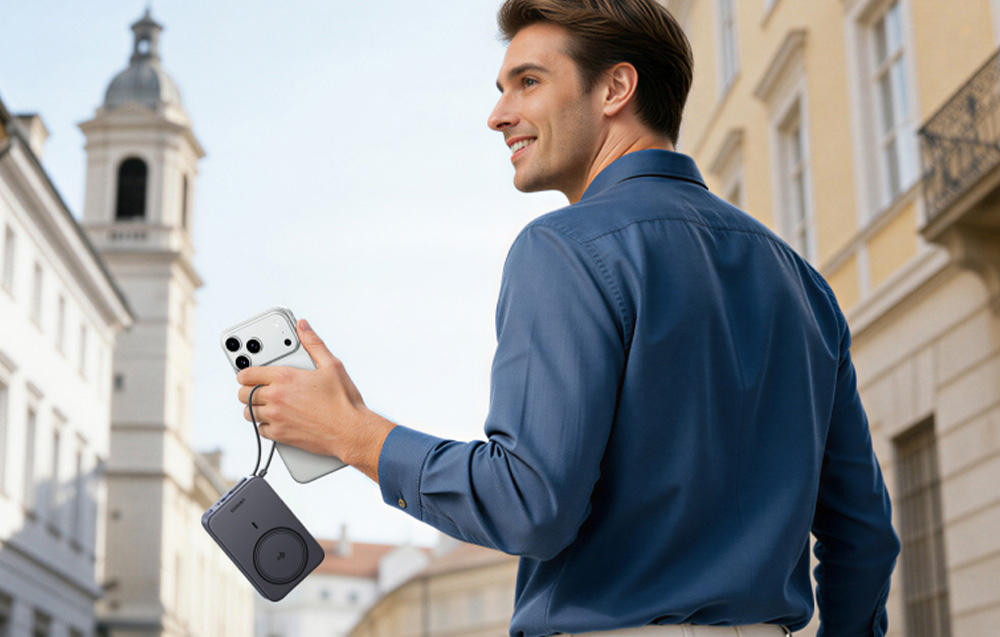 Mężczyzna ze smartfonem i szarym powerbankiem magnetycznym w ręce w mieście
