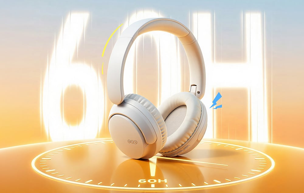 Białe słuchawki bezprzewodowe nad złotym zegarem z napisem 60H i błyskawicą