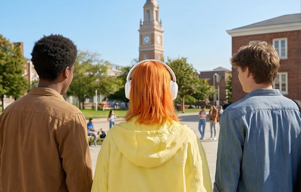 Widok z tyłu na troje studentów idących w stronę kampusu z wieżą zegarową