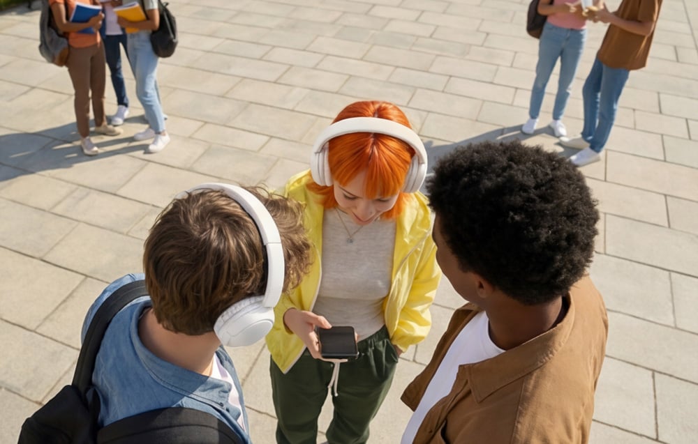 Troje studentów patrzy w dół na ekran smartfona, dwoje ma białe słuchawki na głowie
