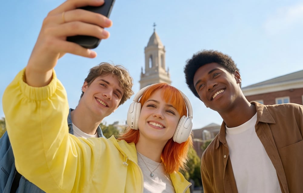 Troje uśmiechniętych studentów robi selfie smartfonem, dziewczyna ma białe słuchawki