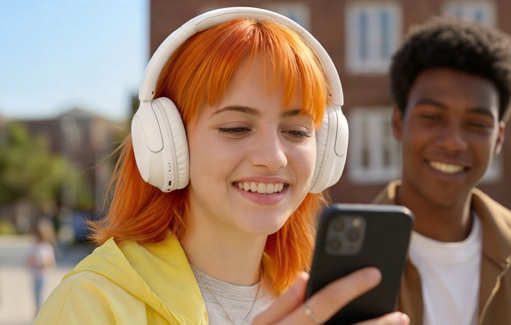 Uśmiechnięta dziewczyna z rudymi włosami w słuchawkach patrzy na smartfon