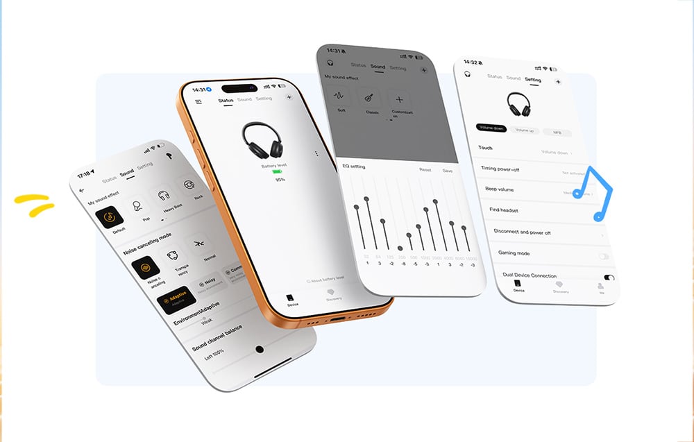 Cztery smartfony z widocznymi na ekranach różnymi zakładkami aplikacji mobilnej do obsługi słuchawek
