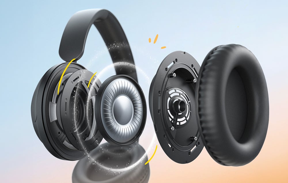 Widok boczny słuchawek z częściowo rozebraną obudową, odsłaniający głośnik i elementy konstrukcyjne