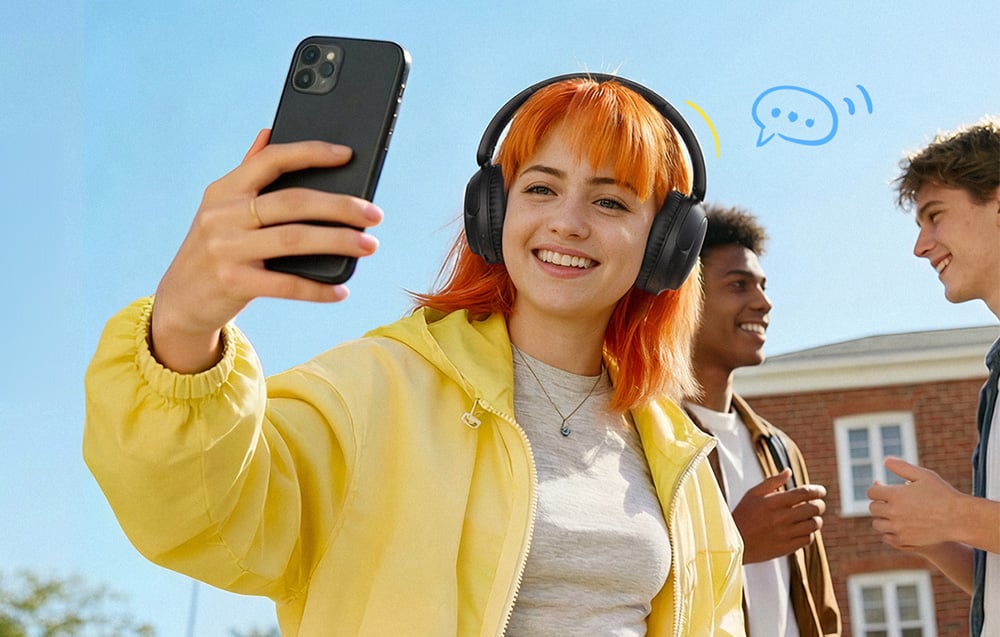 Uśmiechnięta dziewczyna z pomarańczowymi włosami robi selfie, mając założone czarne słuchawki nauszne