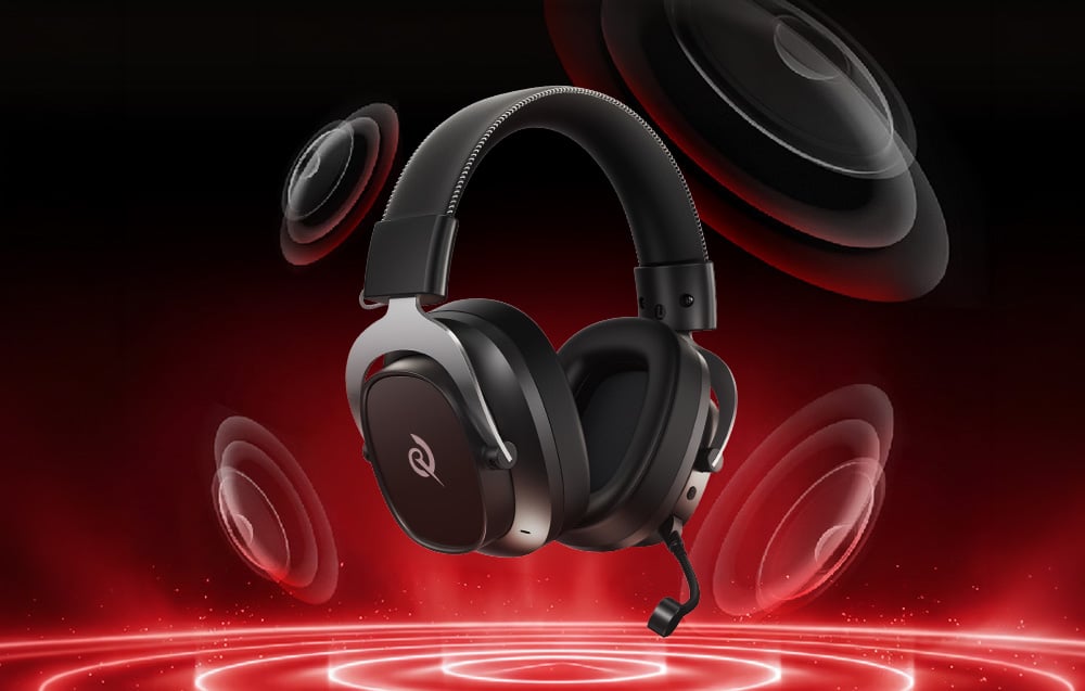 Czarne słuchawki gamingowe z mikrofonem i srebrnymi akcentami, unoszące się nad czerwonymi falami dźwiękowymi na ciemnym tle