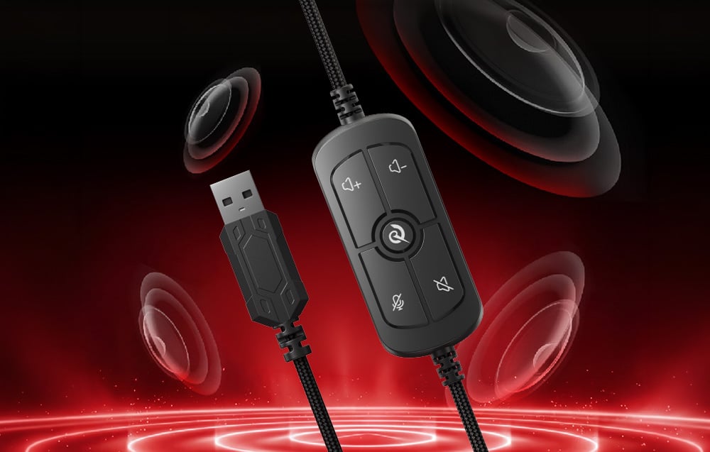 Pilot na kablu i wtyczka USB słuchawek gamingowych, pokazane na tle czerwonych fal dźwiękowych