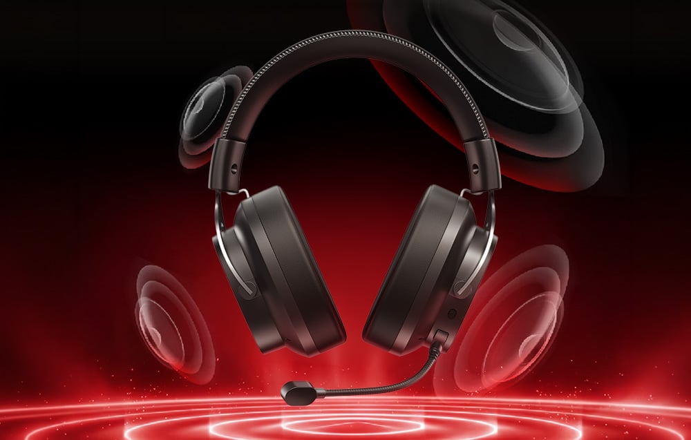 Widok z przodu na czarne słuchawki gamingowe w otoczeniu wizualizacji fal dźwiękowych