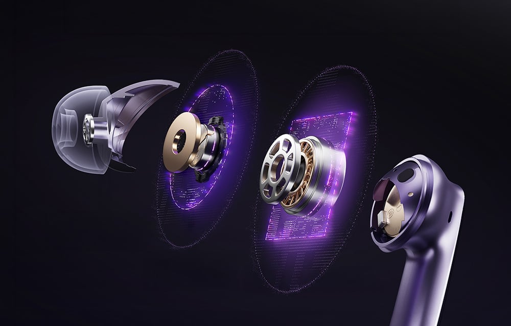 Przekrój technologiczny fioletowej słuchawki dousznej pokazujący jej wewnętrzne komponenty na ciemnym tle