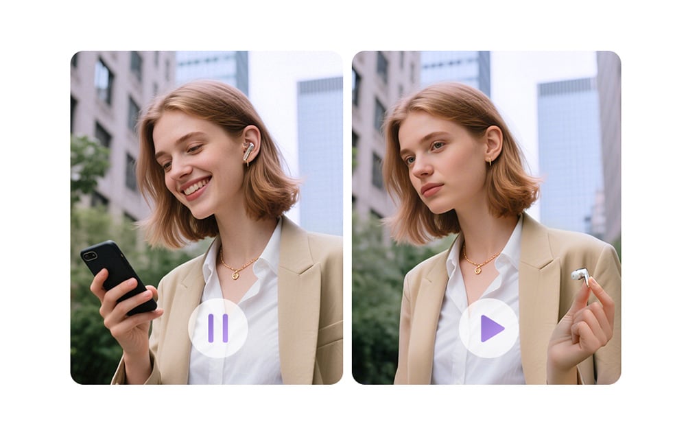 Dwa zdjęcia kobiety w beżowej marynarce: na lewym słucha muzyki, na prawym wyjmuje słuchawkę z ucha
