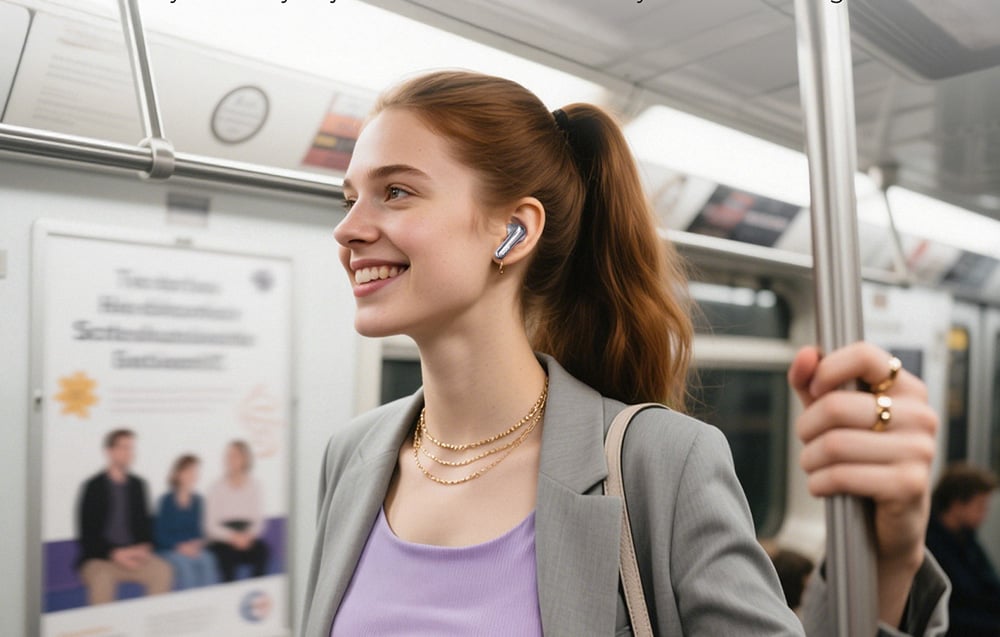Uśmiechnięta kobieta w fioletowej bluzce i szarym żakiecie jadąca metrem ze srebrną słuchawką w uchu
