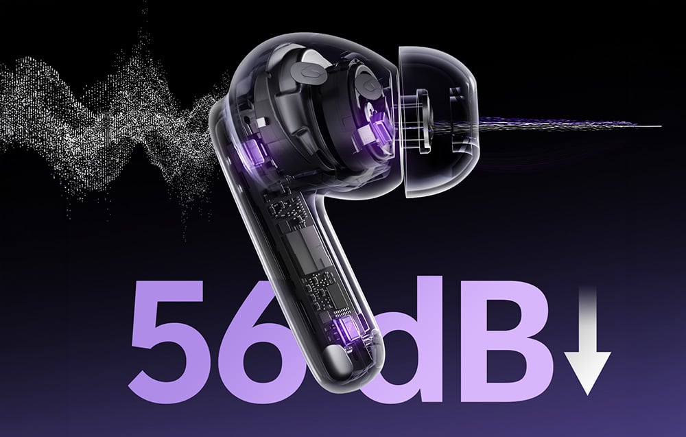 Przekrój słuchawki bezprzewodowej z widoczną elektroniką i fioletowym napisem 56dB ze strzałką w dół