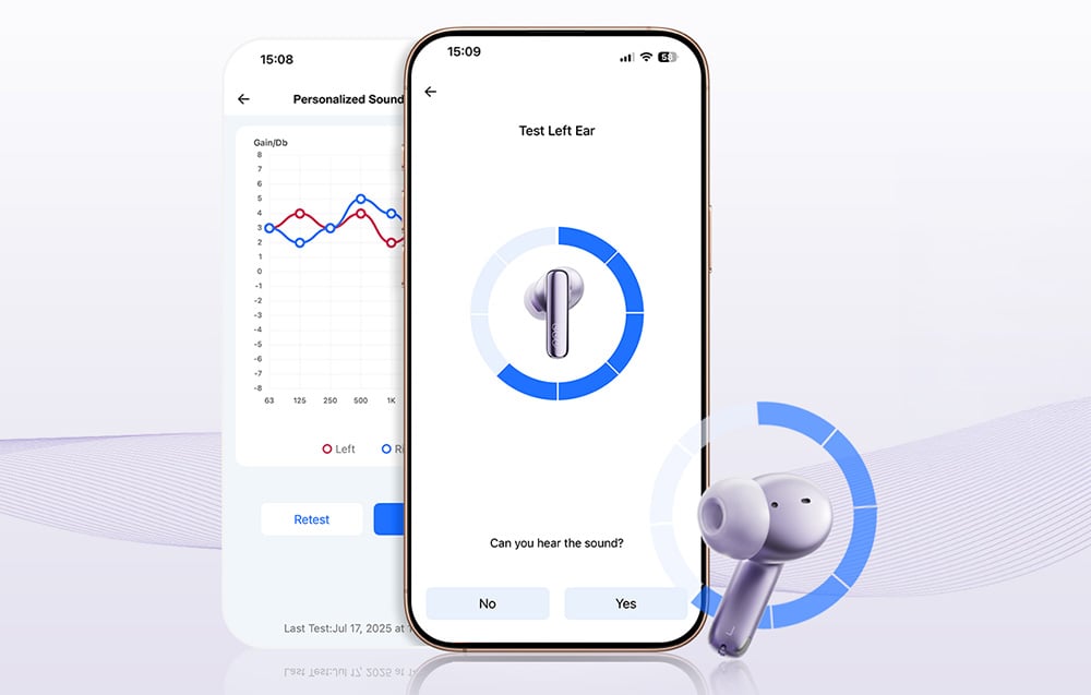 Smartfon z aplikacją do testowania słuchu i personalizacji dźwięku obok fioletowej słuchawki