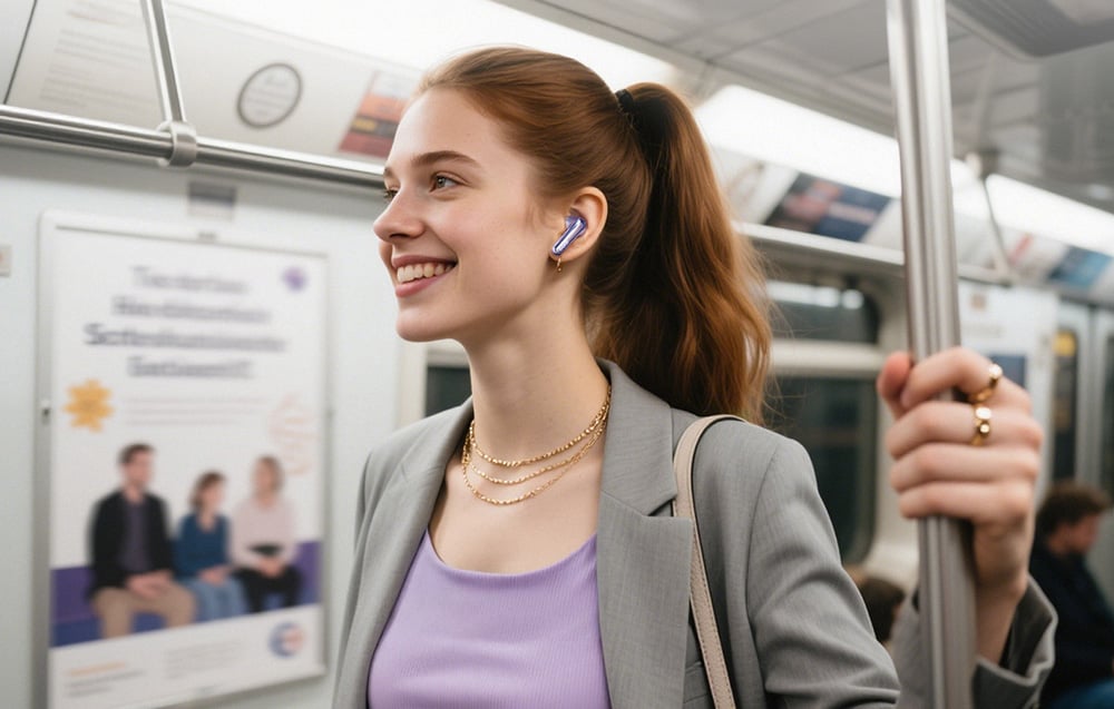 Kobieta uśmiecha się w metrze, mając w uchu fioletową słuchawkę bezprzewodową