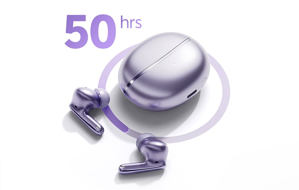 Fioletowe słuchawki douszne obok etui ładującego z napisem 50 hrs na białym tle