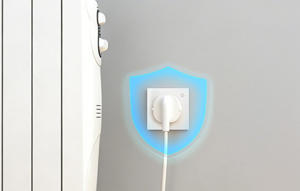 Grzejnik podłączony do inteligentnego gniazdka otoczonego niebieską tarczą