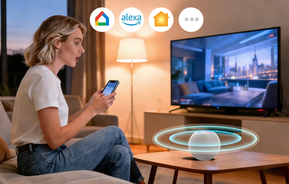 Kobieta siedzi w salonie na kanapie ze smartfonem w dłoni i korzysta z asystenta głosowego leżącego na stoliku