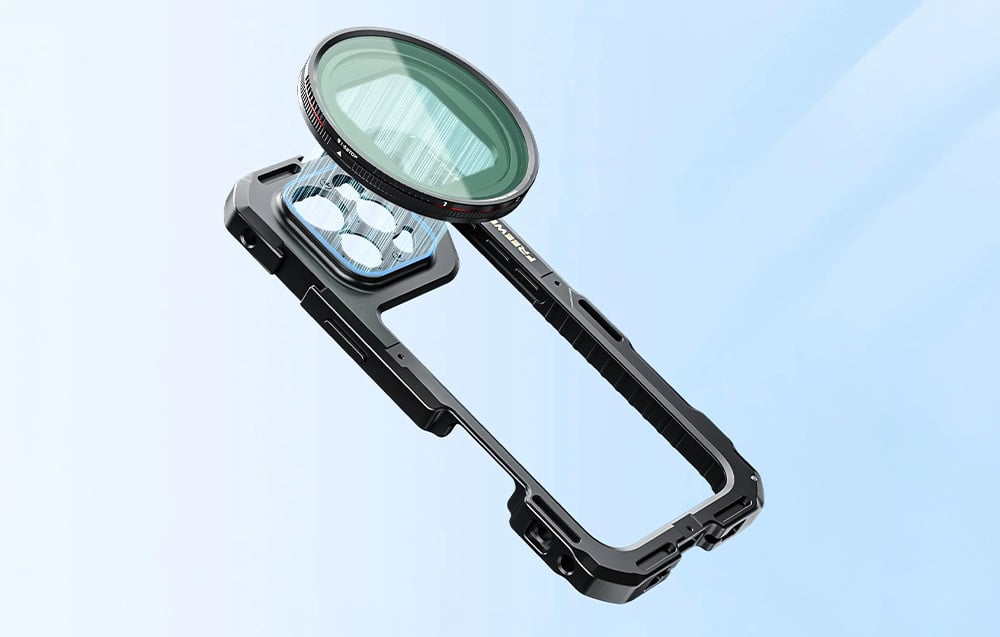 Metal phone frame showing how to mount the round filter above the lenses.