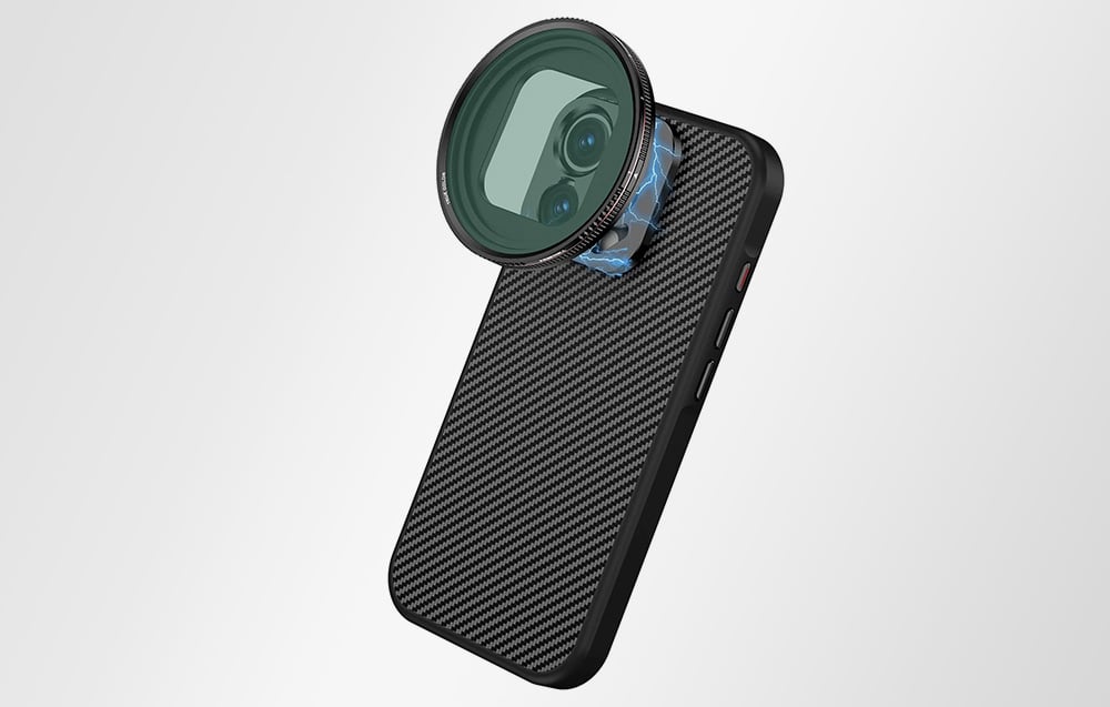 iPhone in a carbon-pattern case with a large, dark photographic filter magnetically mounted.