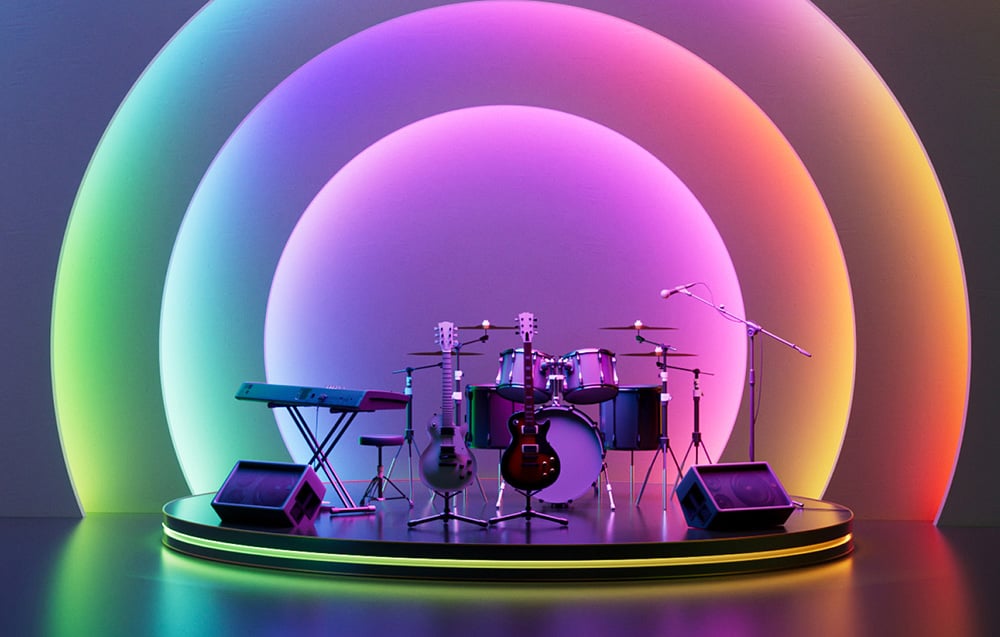 Jelenet hangszerekkel, színes világítással a háttérben