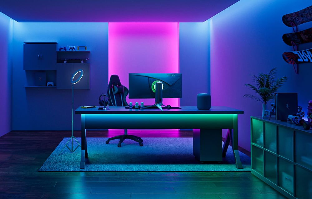 Játékbeállítás RGB LED szalaggal megvilágított szobában
