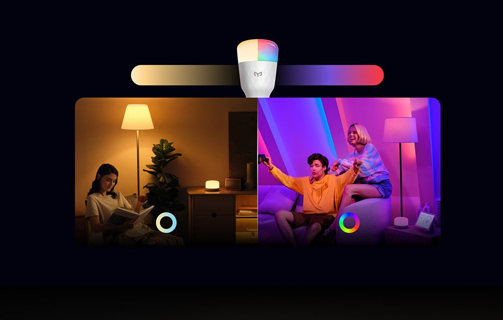 Kobieta czyta książkę przy ciepłym świetle, obok drugie zdjęcie z parą siedzącą na kanapie, pkój jest oświetlony na kolorowo