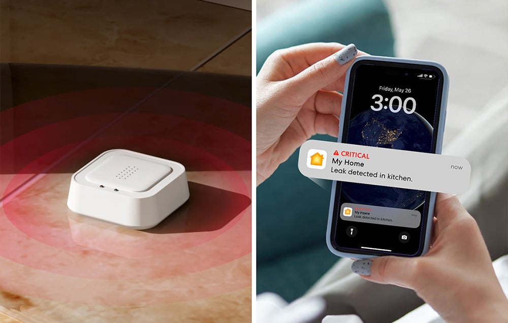 Intelligent water leak sensor MEROSS on the floor, with a smartphone in hand displaying a notification