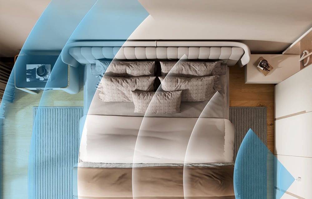 View of a bedroom from above, where a presence sensor is mounted on the wall