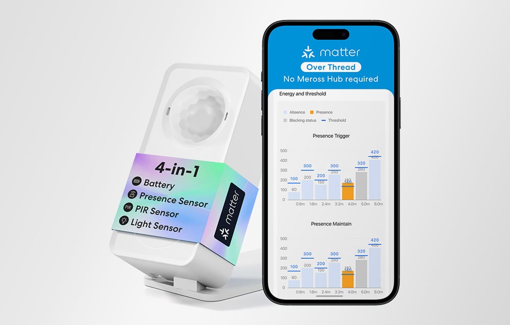 Intelligent presence sensor next to a smartphone with the app open