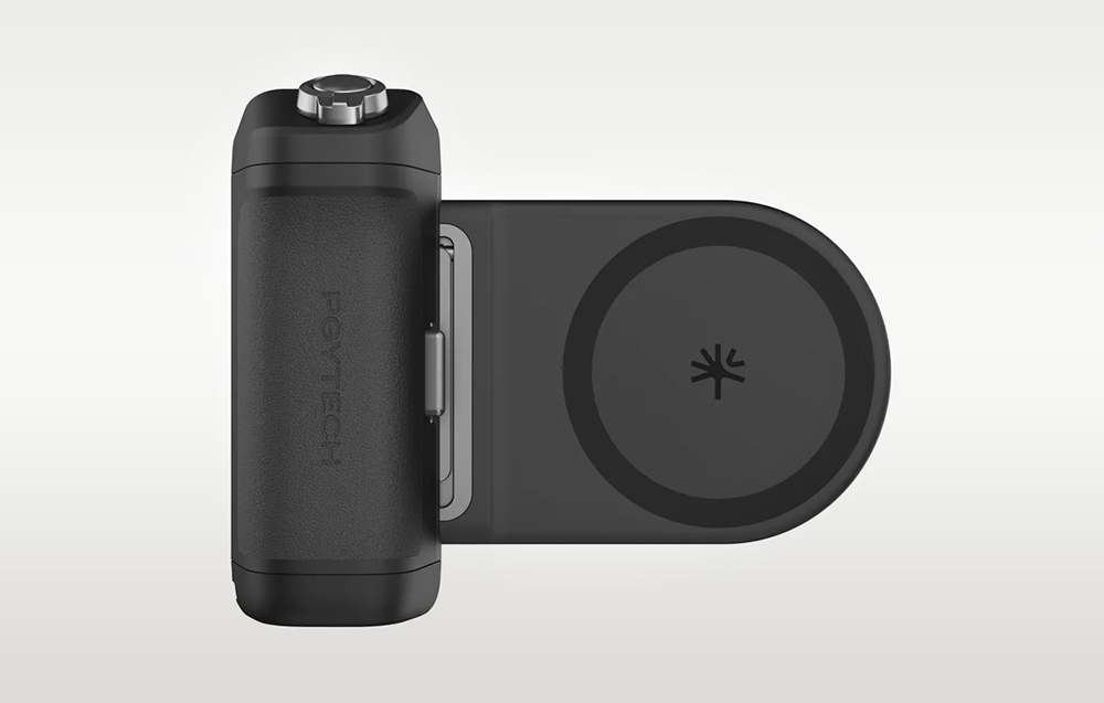 Black smartphone grip shown from the side on a gray background