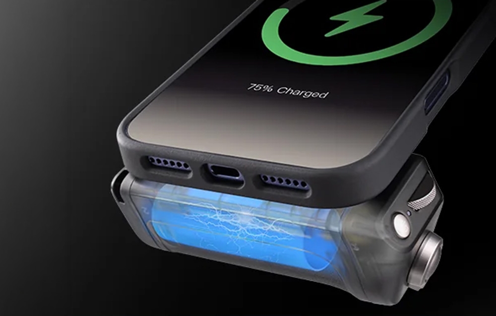 Smartphone wirelessly charging on the grip with a visible battery level of 75%