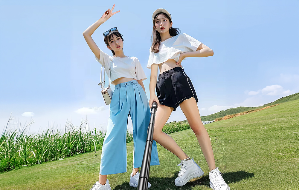 Two women posing on a green clearing, seen from the perspective of a selfie stick