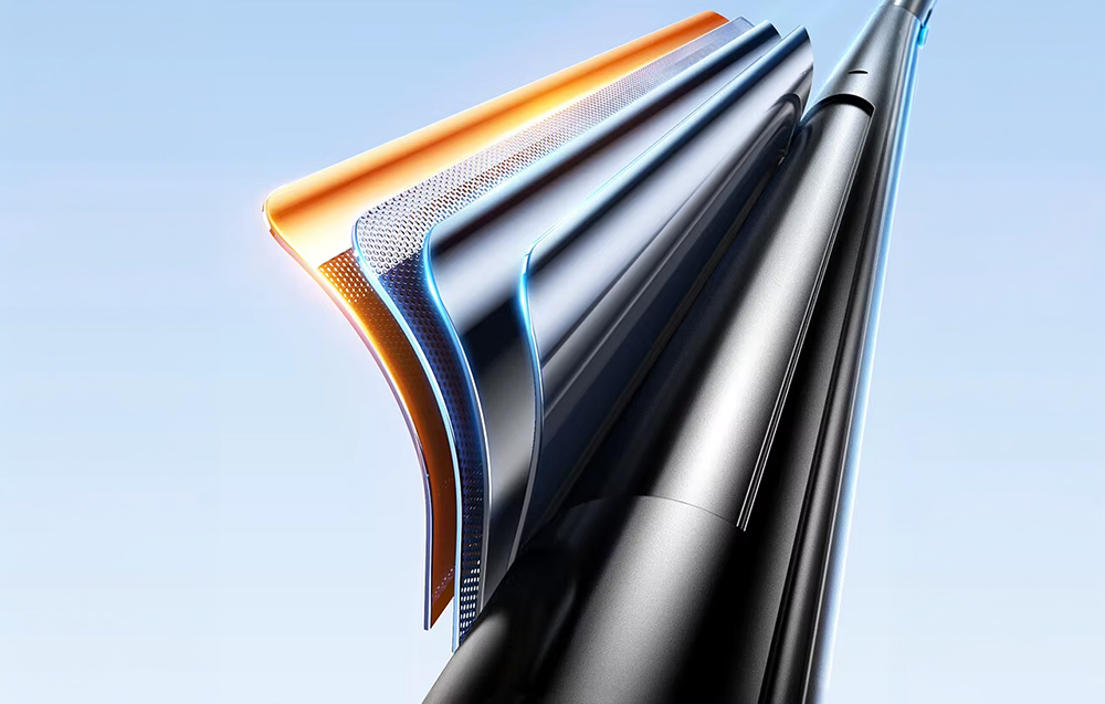 Cross-section of the telescopic stick of the tripod showing the multi-layer material construction
