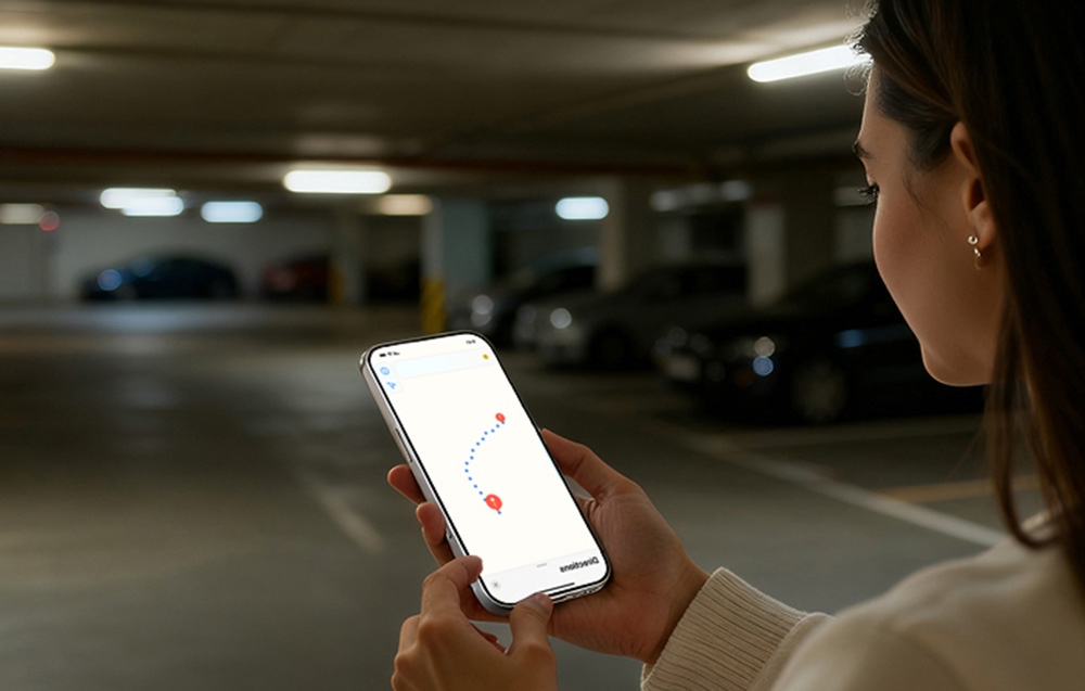 Femeie în parcarea subterană ținând un smartphone cu harta activată