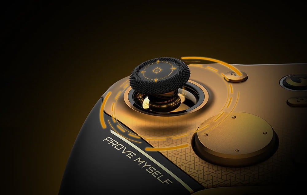 Close-up of the analog joystick of the controller with illuminated graphics around the stick and the text 'PROVE MYSELF'